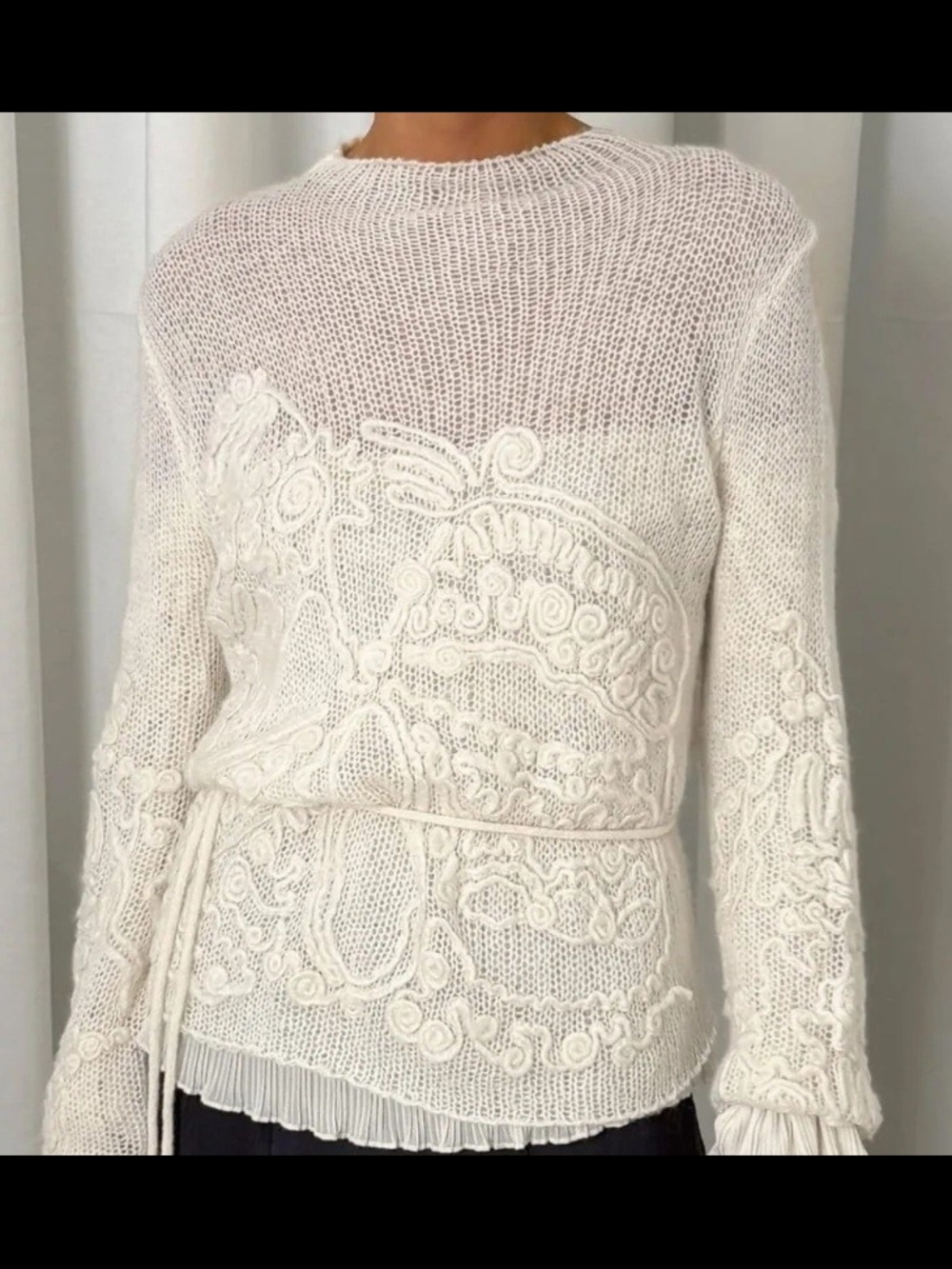Laagam Kalea Cream Embroidered Crewneck Sweater with Tie Waist